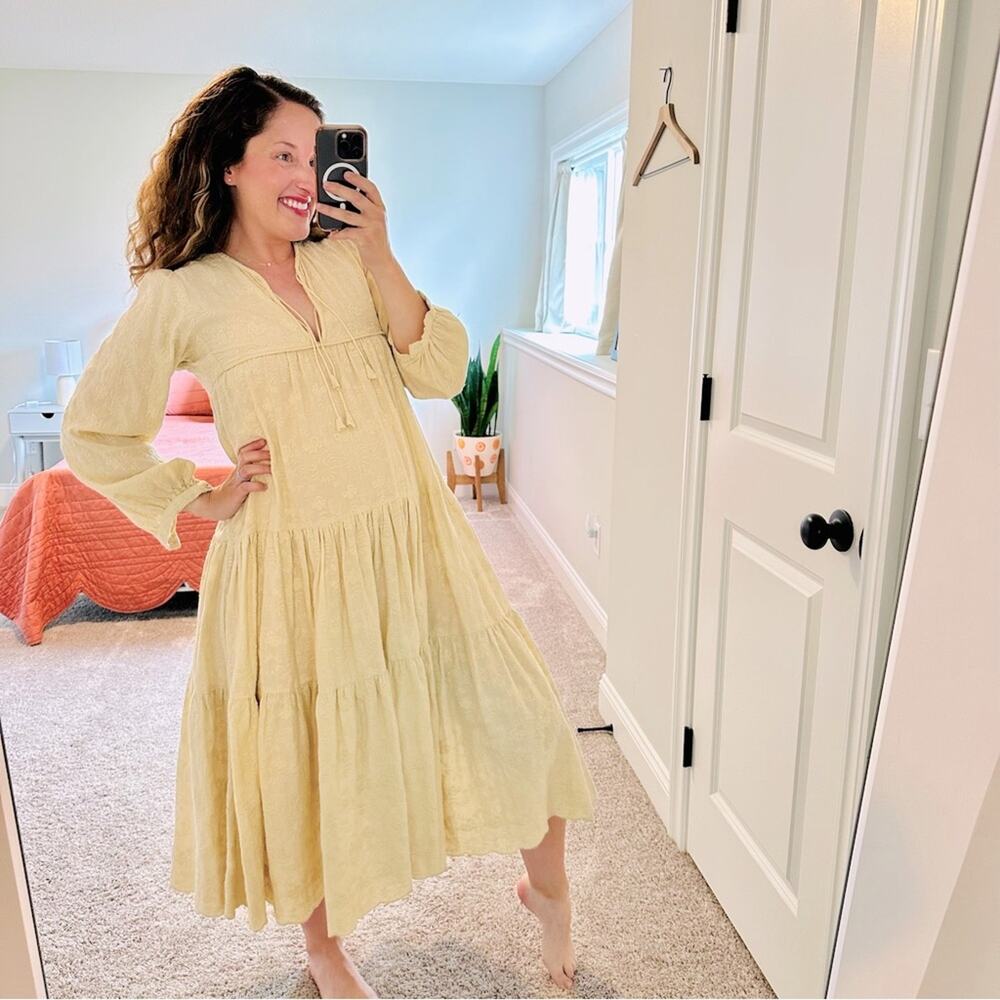 Anthropologie Matta Cream Cotton Floral Embroidered Tiered Maxi Dress XS